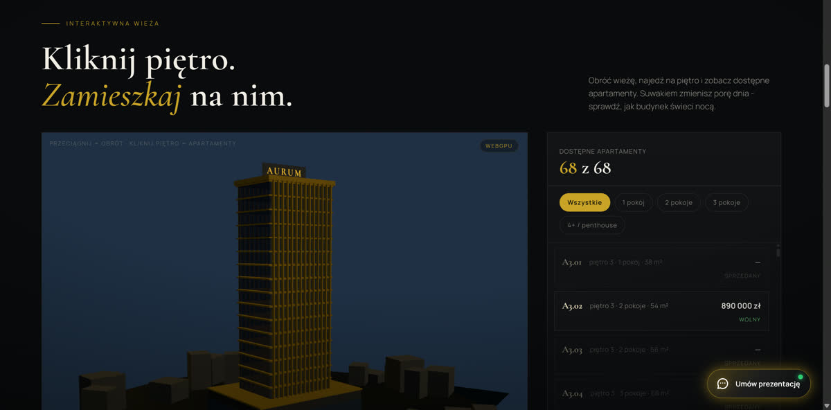 AURUM - interaktywna wieża 3D z panelem wyboru apartamentów