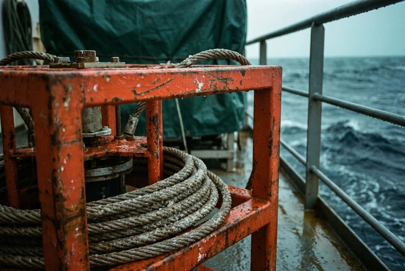 Pokład wyobrażonego statku badawczego o świcie, z oceanem za relingiem — obraz wygenerowany AI.